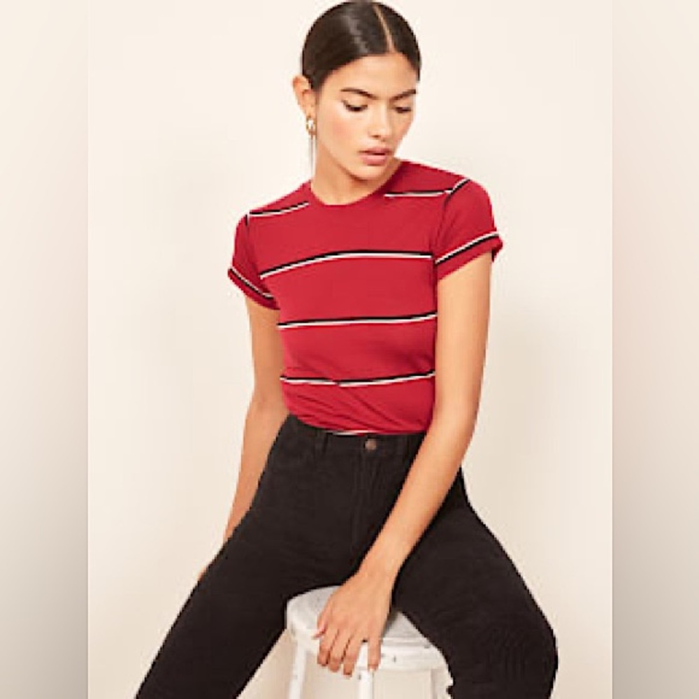 Reformation Short sleeve fitted Red T-Shirt Black and White Stripes size XS